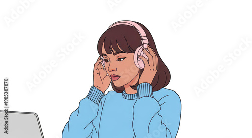 Woman wearing pink headphones, listening to music, looking at laptop screen, light blue sweater