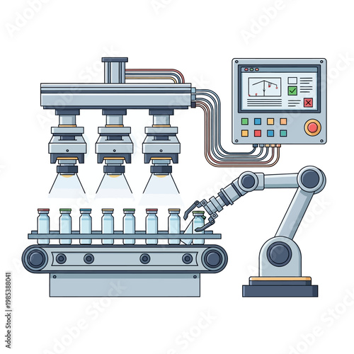 Automated Pharmaceutical Production Line with Robotic Arm and Control Panel