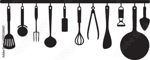Collection of black silhouette kitchen utensils hanging on a rack flat design for cooking and culinary concepts