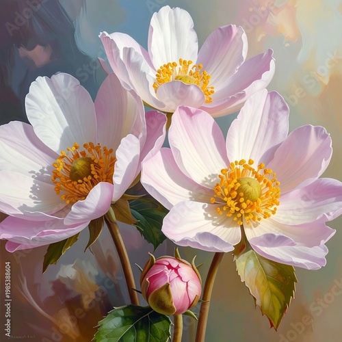 A vibrant painting of pink flowers with yellow centers