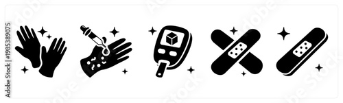A set of 5 mix icons as lab gloves, allergy test, diabetes test
