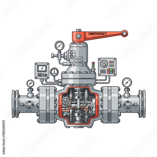 Industrial Ball Valve Cutaway with Gauges and Emergency Lever