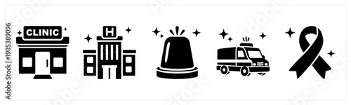 A set of 5 mix icons as clinic, hospital building, emergency siren