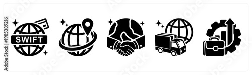 A set of 5 mix icons as swift payment, expansion, international trade