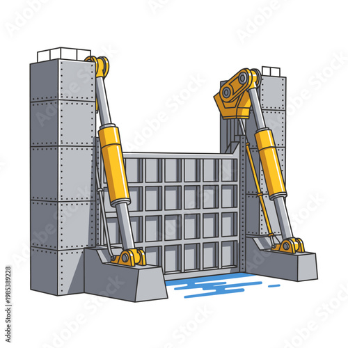 Industrial floodgate with hydraulic actuators, water barrier, flood control mechanism.