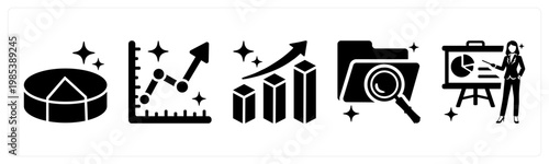 A set of 5 mix icons as pie chart, line chart, bar chart