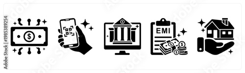 A set of 5 mix icons as fintech app, scan to pay, banking app