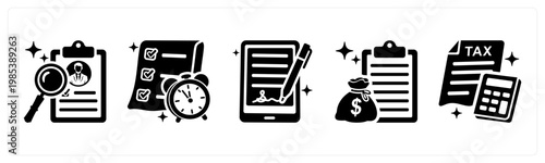 A set of 5 mix icons as search candidate, deadline, agreement