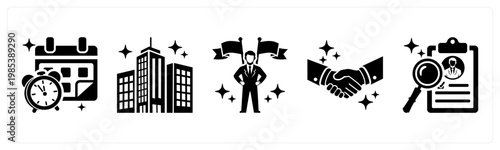 A set of 5 mix icons as time management, corporate tower, leadership