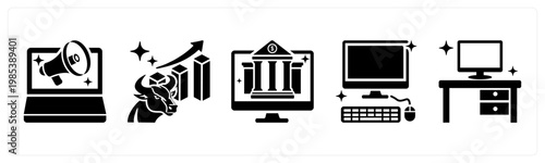 A set of 5 mix icons as digital marleting, bull market, banking app