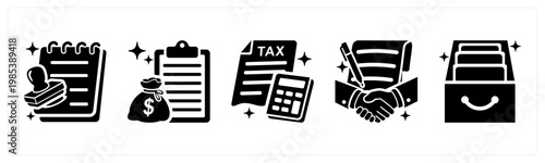 A set of 5 mix icons as loan approval, loan, tax