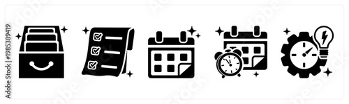 A set of 5 mix icons as archive box, receipt, calendar