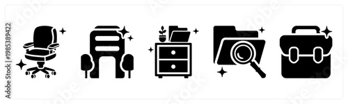 A set of 5 mix icons as office chair, office, filing cabinet