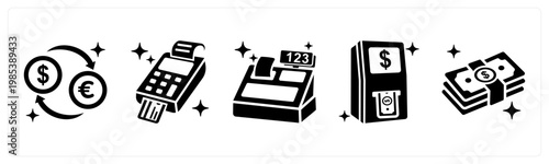 A set of 5 mix icons as currency exchange, pos machine, cash register