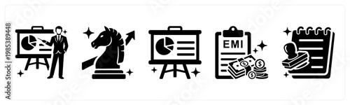 A set of 5 mix icons as presentation, business strategy, presentation board,