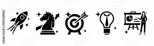 A set of 5 mix icons as startup, business strategy, target goal