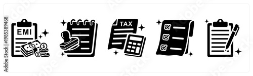 A set of 5 mix icons as emi payment, loan approval, tax