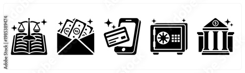 A set of 5 mix icons as regulation, salary, online payment