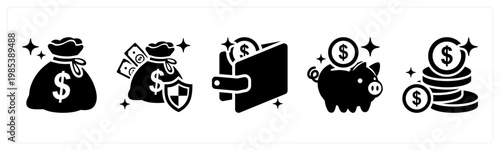 A set of 5 mix icons as money bag, financial secrurity, wallet