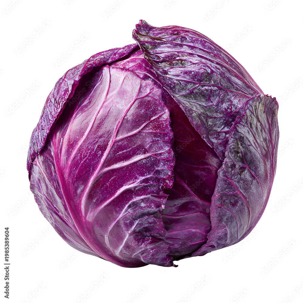 Obraz premium Fresh purple cabbage head with vibrant leaf texture on white background