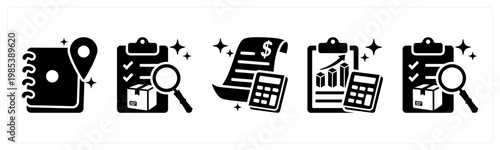 A set of 5 mix icons as address book, product details, bill