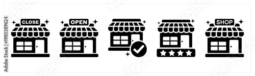 A set of 5 mix icons as store closed, store open, store approval