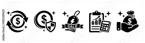 A set of 5 mix icons as cashback, payment success, flash sale