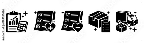 A set of 5 mix icons as sales report, add to wishlist