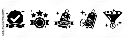 A set of 5 mix icons as verified badge, top rated, discount