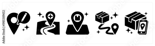 A set of 5 mix icons as edit address, add address, pickup point