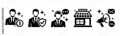 A set of 5 mix icons as affiliate, verified buyer, chat support