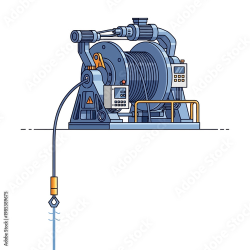 Industrial winch machine with cable and hook, heavy machinery for lifting and pulling