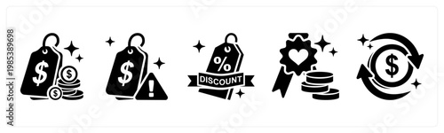 A set of 5 mix icons as lowest price, price alert