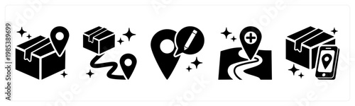 A set of 5 mix icons as delivery location, delivery status, edit address