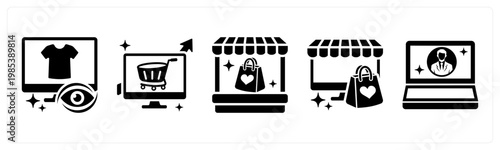 A set of 5 mix icons as recently viewed, ecommerce growth, vendor store