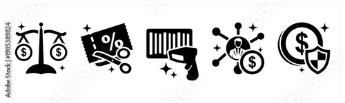 A set of 5 mix icons as price comparison, coupon, barcode scan