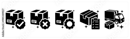 A set of 5 mix icons as order confirmed, order cancelled, order processing