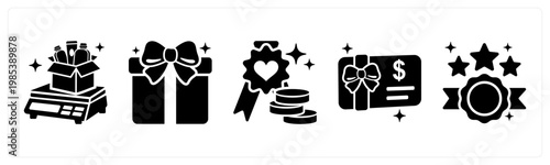 A set of 5 mix icons as weight machine, gift, loyalty points