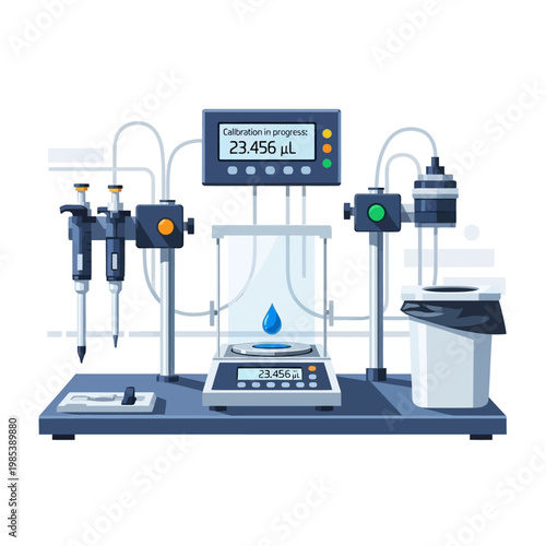 Laboratory equipment: Digital scale, pipettes, and calibration machine with water drop