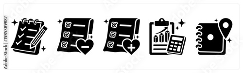 A set of 5 mix icons as wishlist, remove from wishlist, add to wishlist