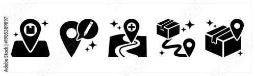 A set of 5 mix icons as pickup point, edit address, add address