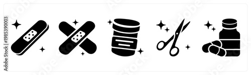 A set of 5 mix icons as bandage, sample container, surgical scissors