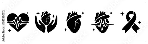 A set of 5 mix icons as pulse heartbeart, heart care