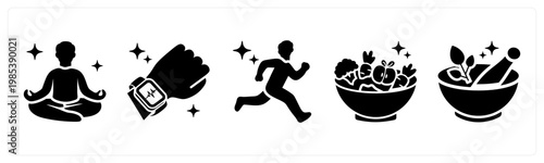 A set of 5 mix icons as meditation, fitness tracker, running