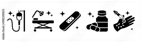 A set of 5 mix icons as iv drip, operation theatre, bandage