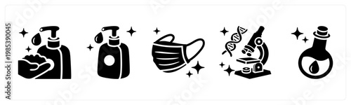A set of 5 mix icons as sanitizer bottle, surgical mask, gene testing