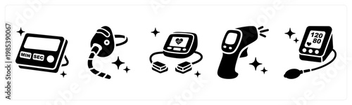 A set of 5 mix icons as lab timer, oxygen mask, defibrillator