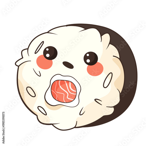 Cute sushi character with big eyes in cartoon style on white background as concept of food and fun. Vector illustration