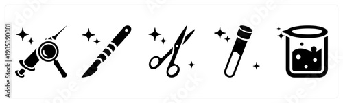 A set of 5 mix icons as vaccine research, scalpel, surgical scissors