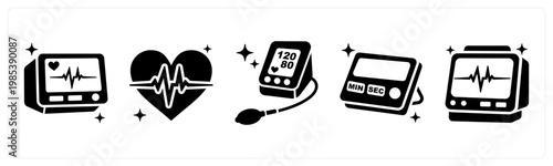 A set of 5 mix icons as ecg monitor, pulse heartbeat, blood pressure monitor